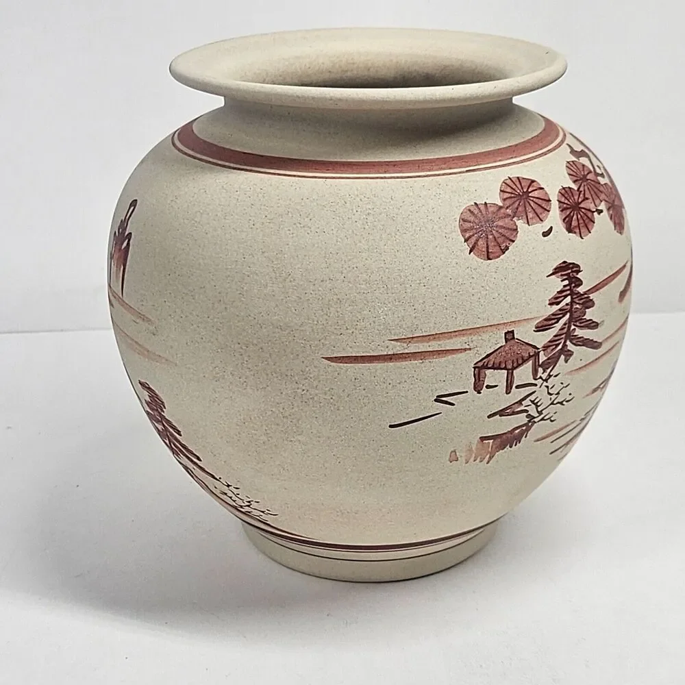 Kutani Satsuma Vase Planter Vintage Red Scenic Handpainted Porcelain Japan